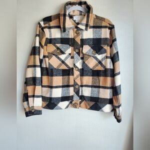 Time and Tru Plaid Utility Jacket - Black, White, Tan